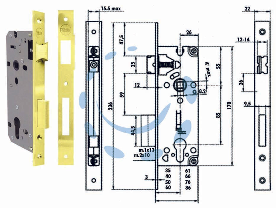 SQUARE EDGE CYLINDER MORTICE LOCK 52X